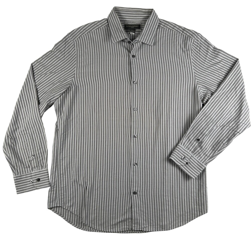 Banana Republic Dress Shirt Mens 17-17.5 XL Gray Stripe 100% Cotton Long Sleeve